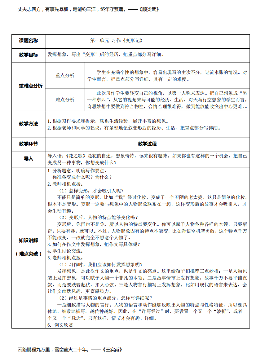 (部编版)六年级上册习作变形记优秀教学设计