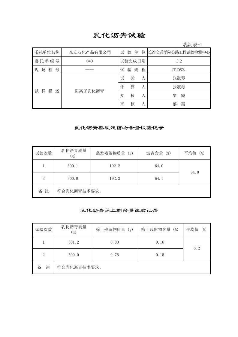 乳化沥青试验报告