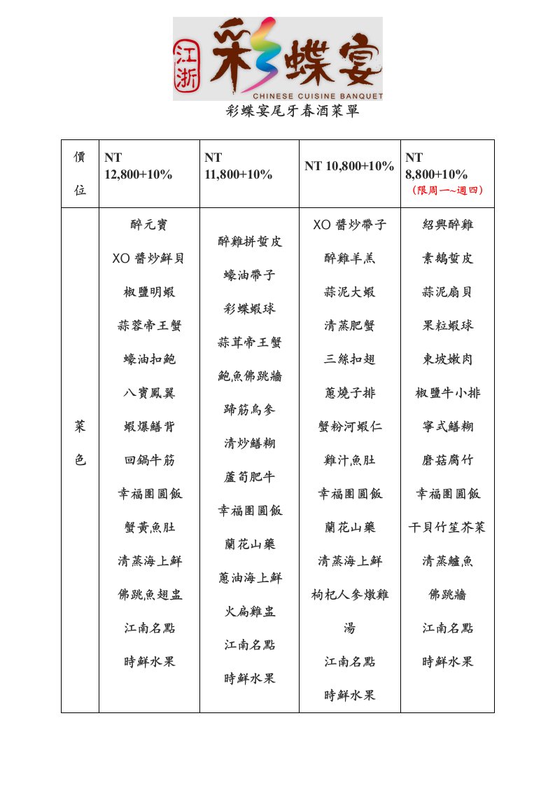 尾牙春酒菜单