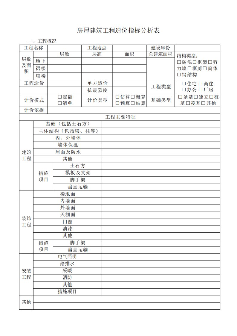 工程造价指标分析表