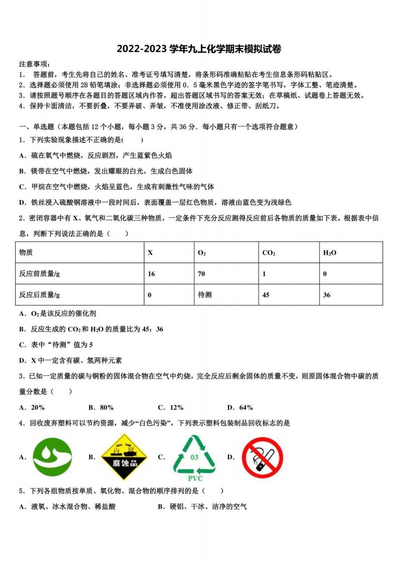 2022-2023学年江西省兴国县化学九年级上册期末检测模拟试题含解析