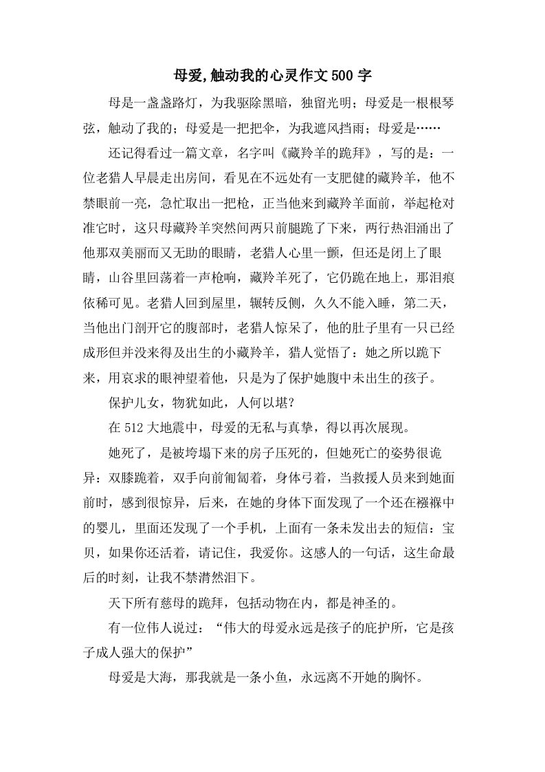 母爱,触动我的心灵作文500字