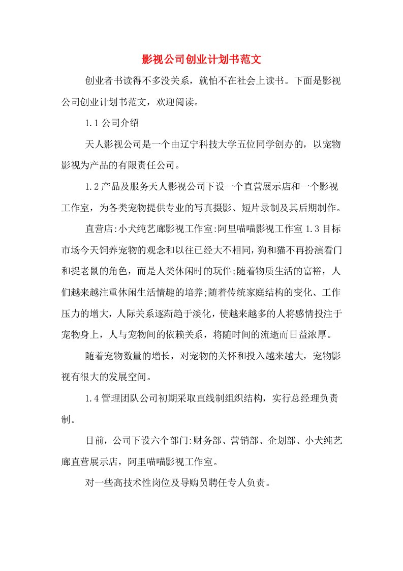 影视公司创业计划书范文