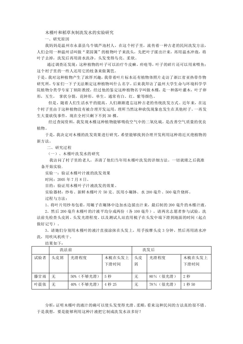 木槿叶和稻草灰制洗发水的实验研究