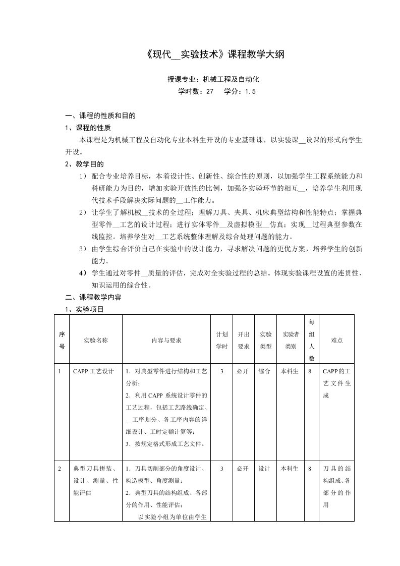 《现代加工实验技术》课程教学大纲