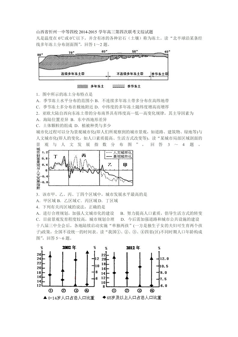 山西省忻州一中等四校2014-2015学年高三第四次联考文综试题