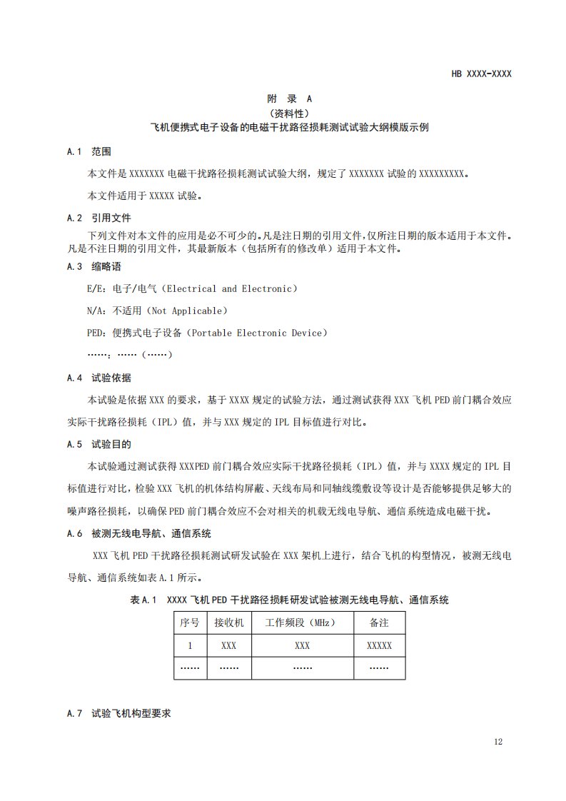 飞机便携式电子设备的电磁干扰路径损耗测试试验大纲、试验报告模板示例