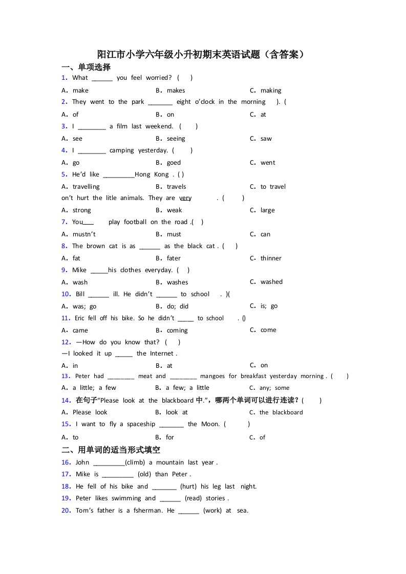 阳江市小学六年级小升初期末英语试题(含答案)