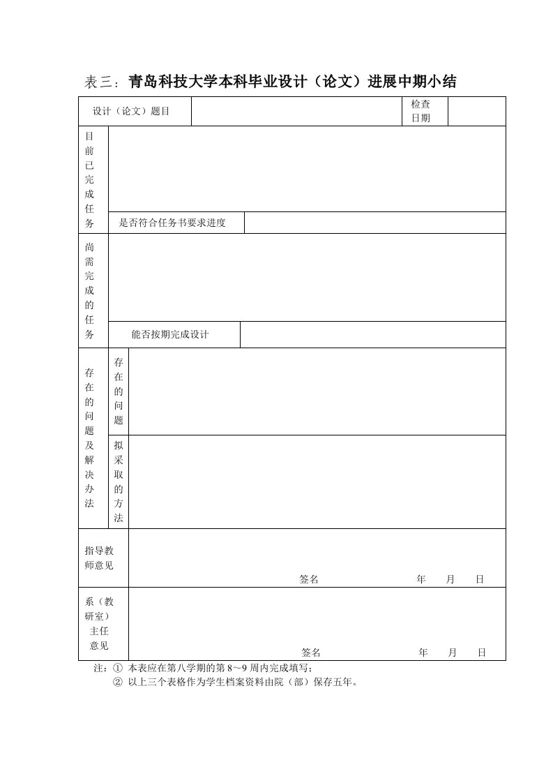 09表三：青岛科技大学本科毕业设计（论文）进展中期小结