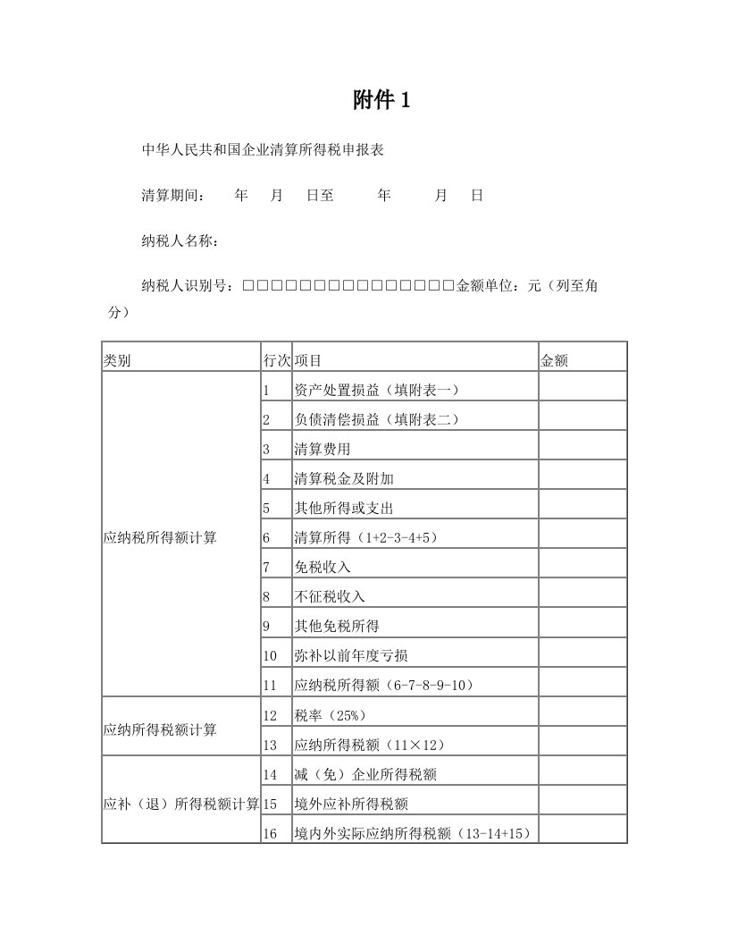 企业所得税清算报表