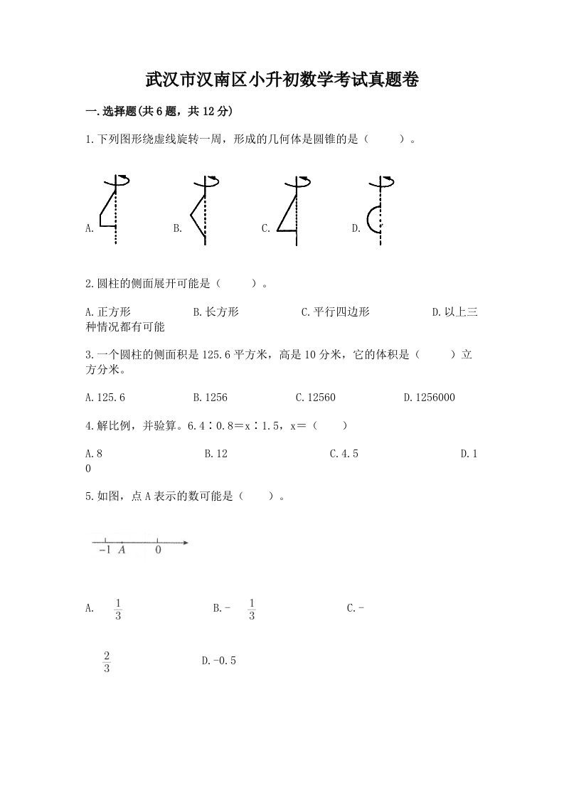 武汉市汉南区小升初数学考试真题卷完美版