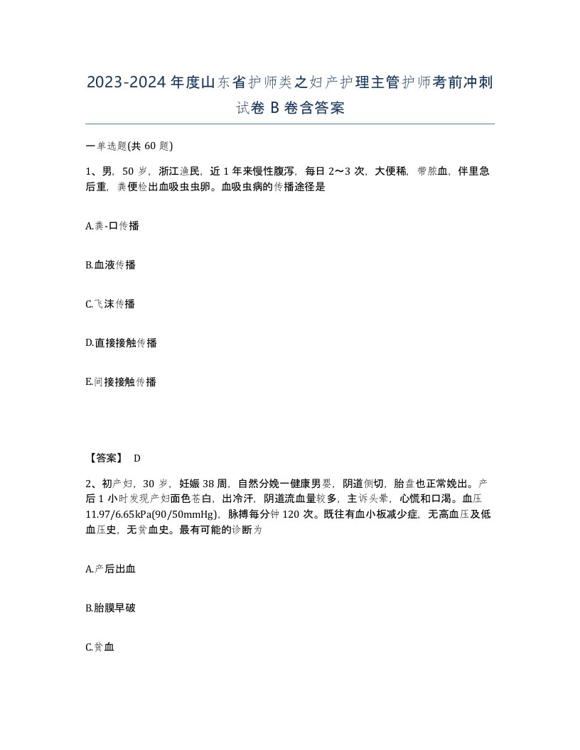 2023-2024年度山东省护师类之妇产护理主管护师考前冲刺试卷B卷含答案