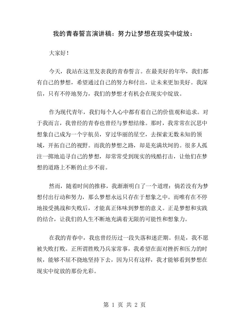 我的青春誓言演讲稿：努力让梦想在现实中绽放