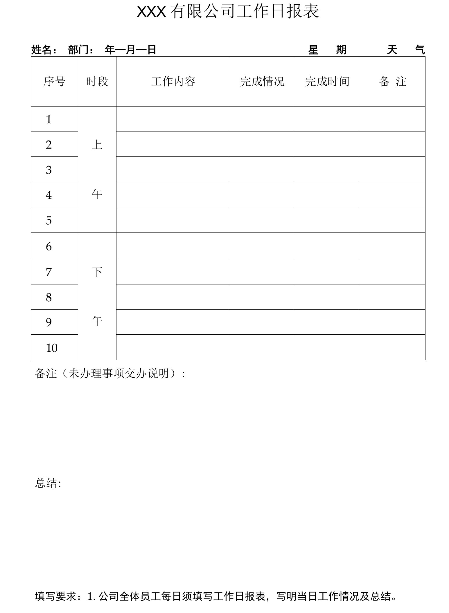 公司管理常用表格10公司工作日报表