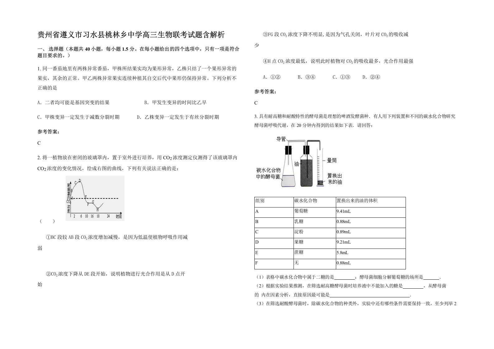 贵州省遵义市习水县桃林乡中学高三生物联考试题含解析