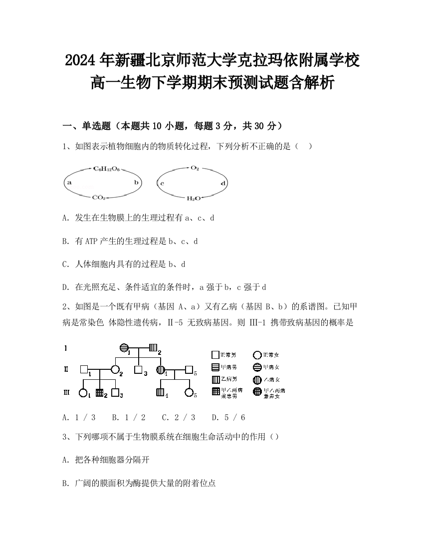 2024年新疆北京师范大学克拉玛依附属学校高一生物下学期期末预测试题含解析