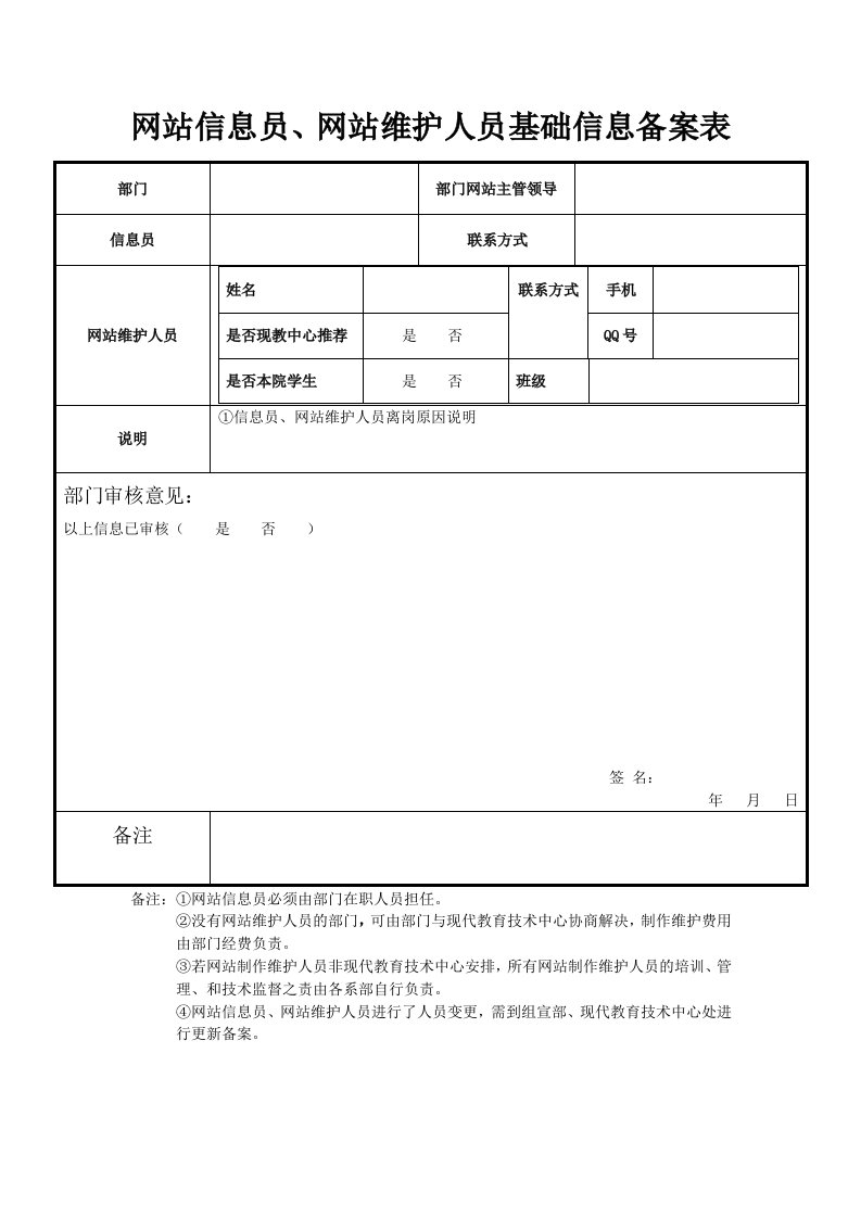 网站信息员、网站维护人员基础信息备案表