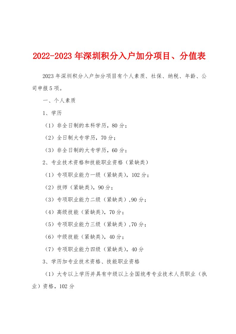 2022-2023年深圳积分入户加分项目、分值表