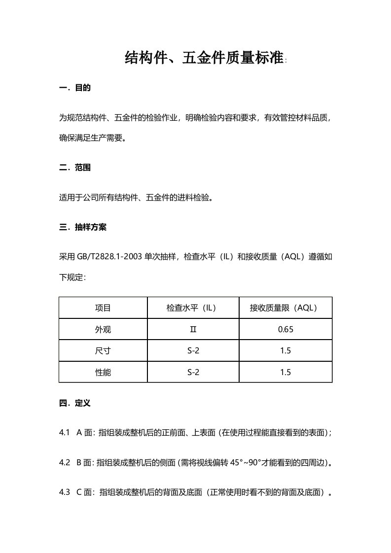 新版结构件、五金件外观检验标准