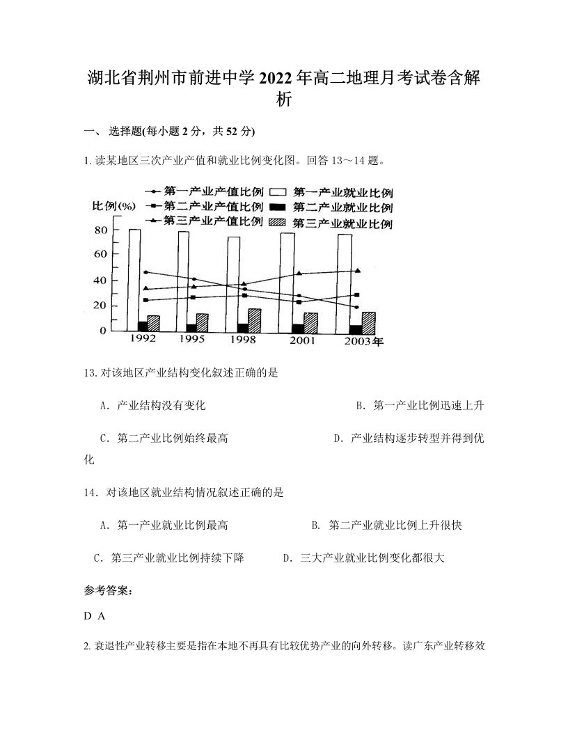 湖北省荆州市前进中学2022年高二地理月考试卷含解析