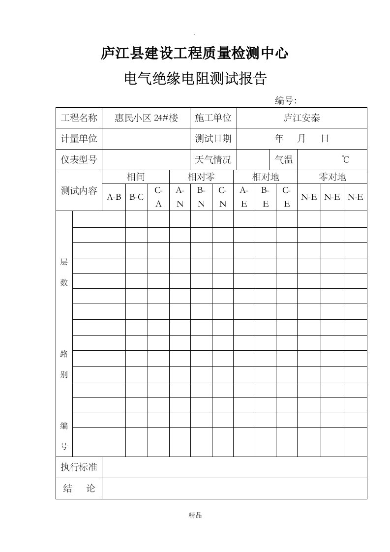 电气绝缘电阻测试报告