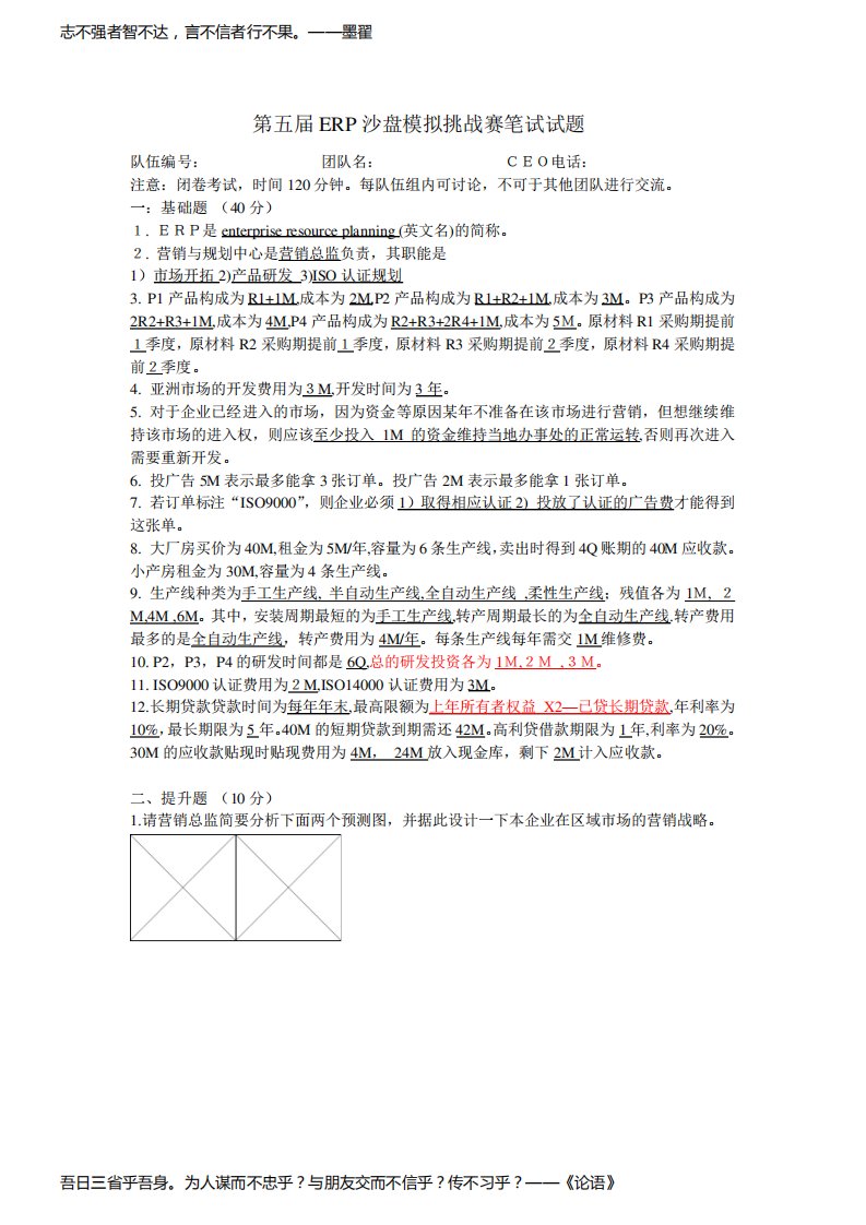 第五届ERP沙盘模拟挑战赛笔试试题及答案1