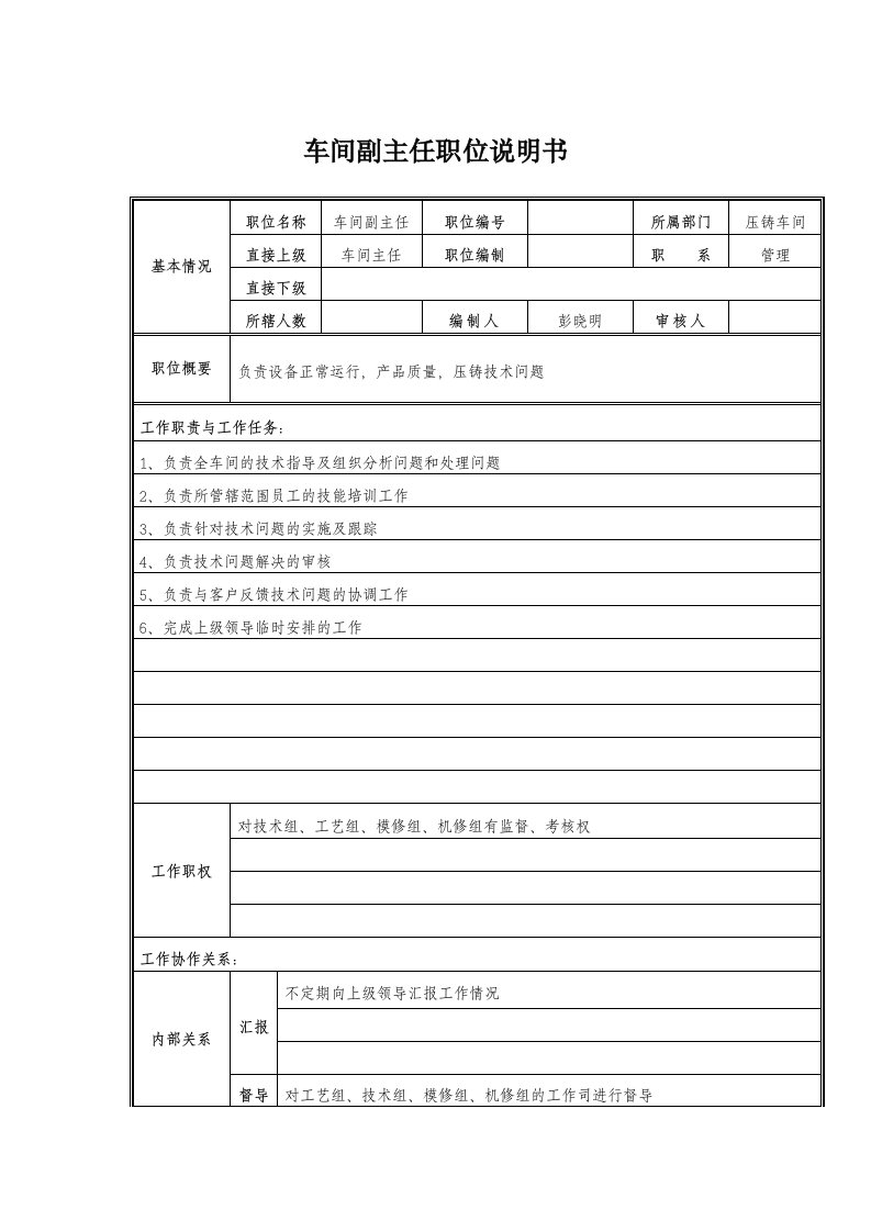 生产管理--经营管理类车间副主任岗位职责说明书