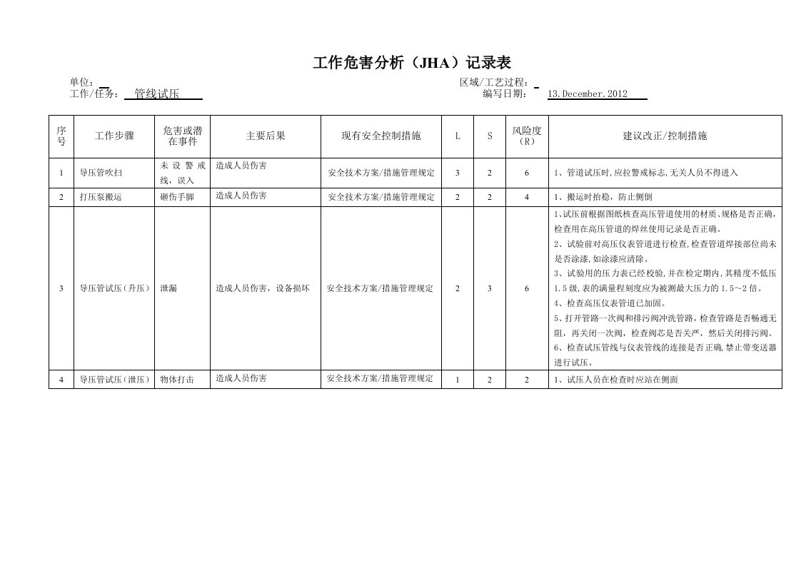 管线试压风险分析表格