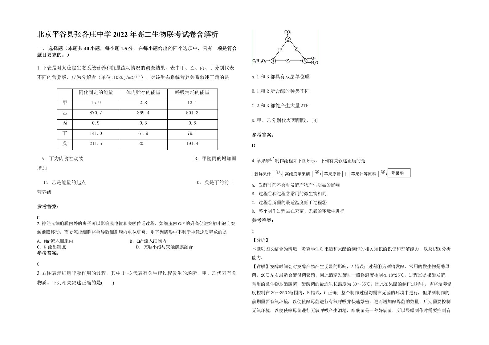 北京平谷县张各庄中学2022年高二生物联考试卷含解析