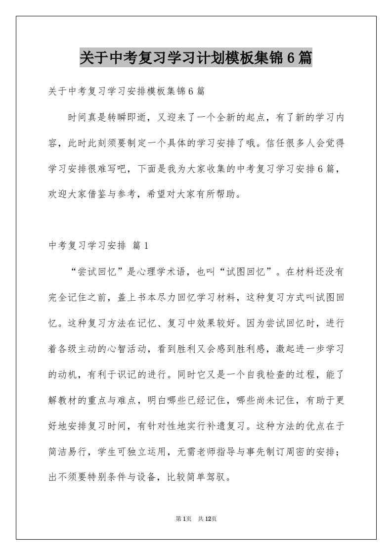 关于中考复习学习计划模板集锦6篇