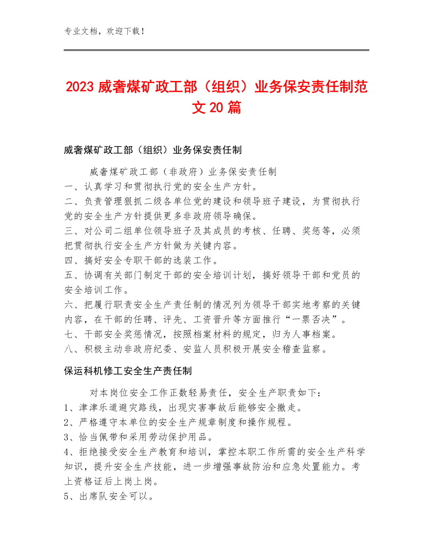 2023威奢煤矿政工部（组织）业务保安责任制范文20篇