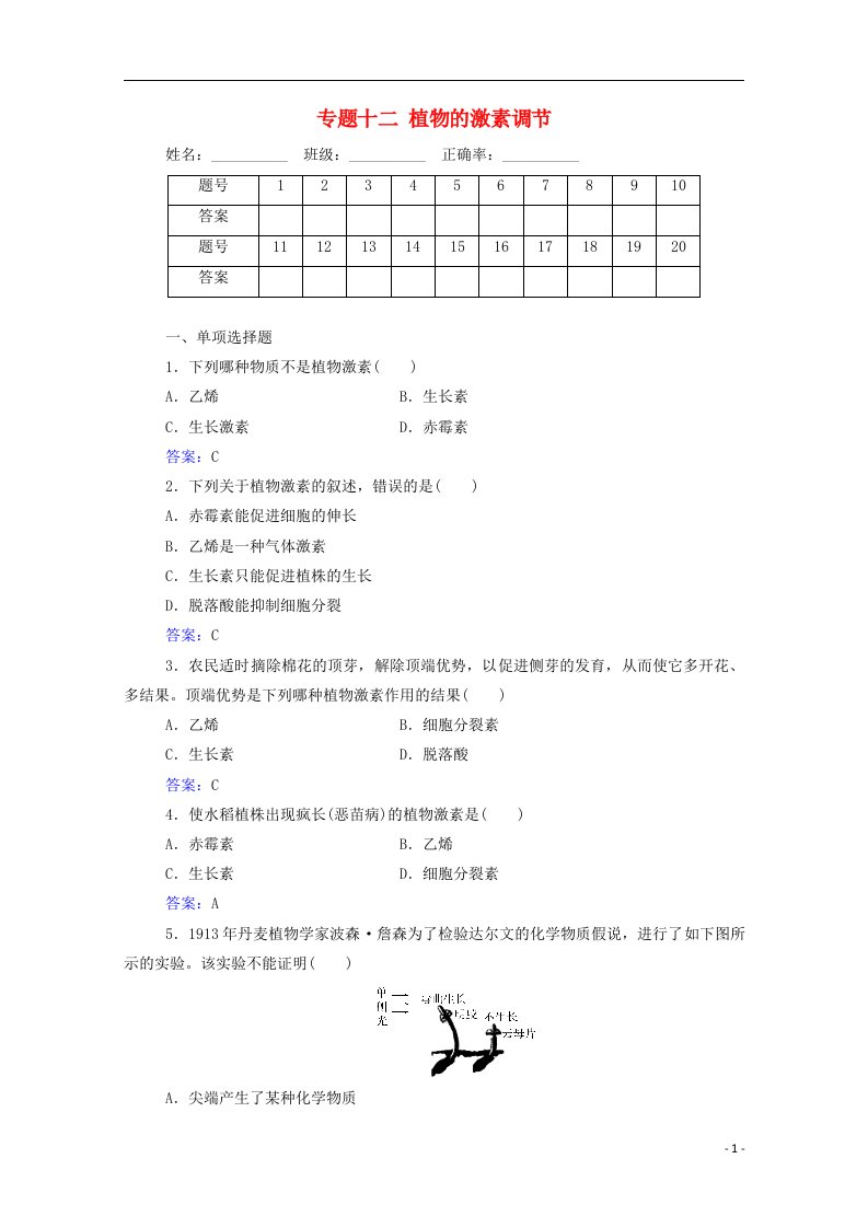 2020_2021学年高中生物专题十二植物的激素调节测评含解析