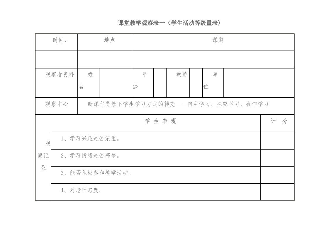 小学数学课堂观察量表