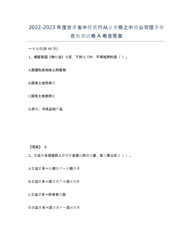 2022-2023年度甘肃省中级银行从业资格之中级公司信贷综合检测试卷A卷含答案