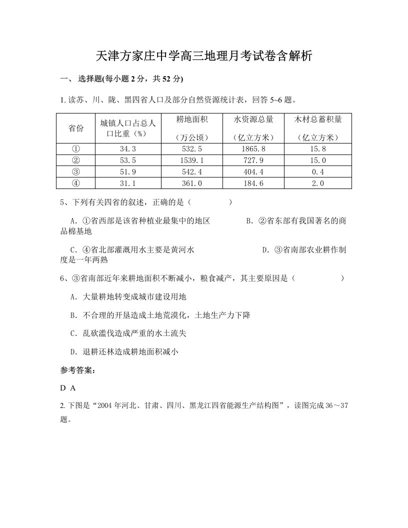 天津方家庄中学高三地理月考试卷含解析