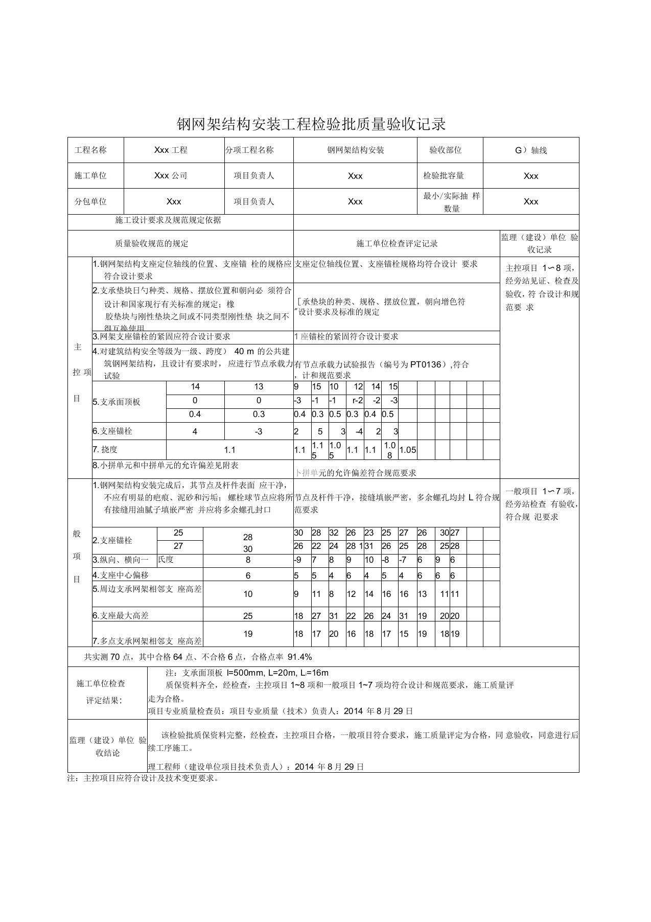 钢网架结构安装工程检验批质量验收记录