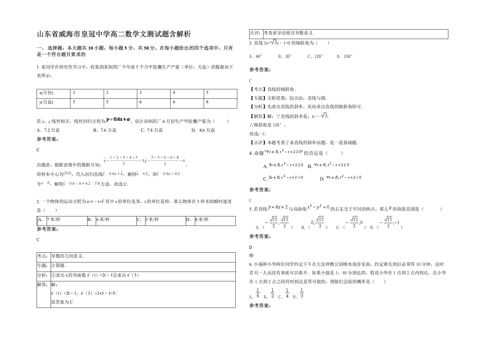 山东省威海市皇冠中学高二数学文测试题含解析