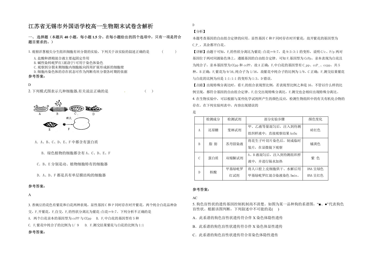 江苏省无锡市外国语学校高一生物期末试卷含解析