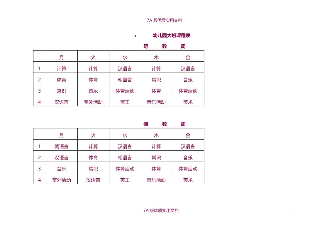 【6A文】幼儿园大班课程表