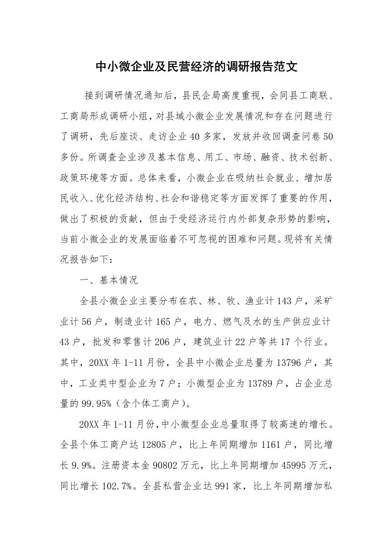 公文写作_调研报告_中小微企业及民营经济的调研报告范文