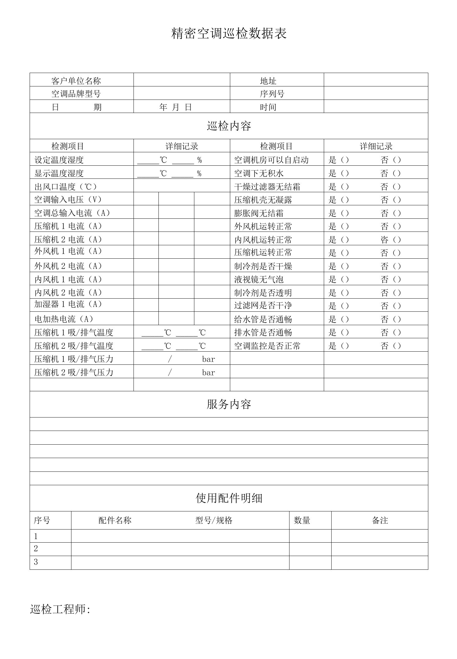 机房精密空调巡检数据表