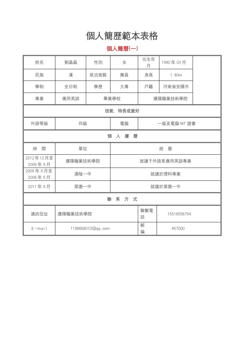 个人简历(标准模版)空白表格下载