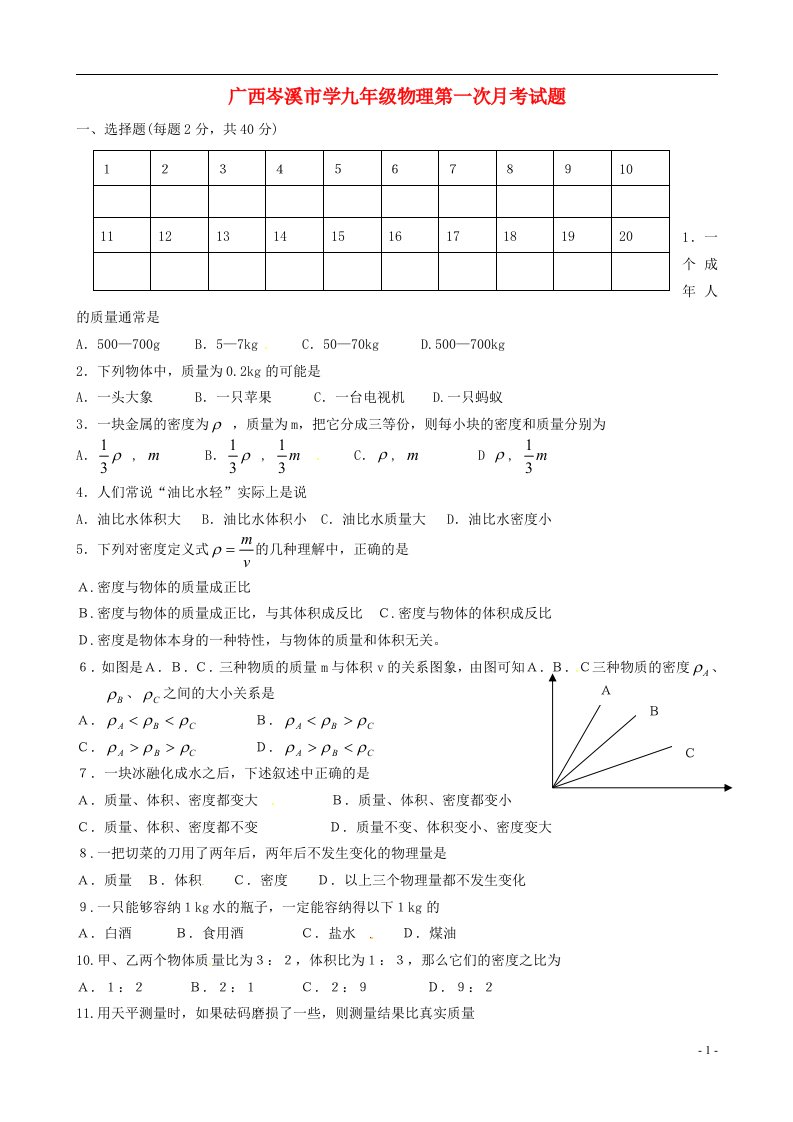 广西岑溪市学九级物理第一次月考试题