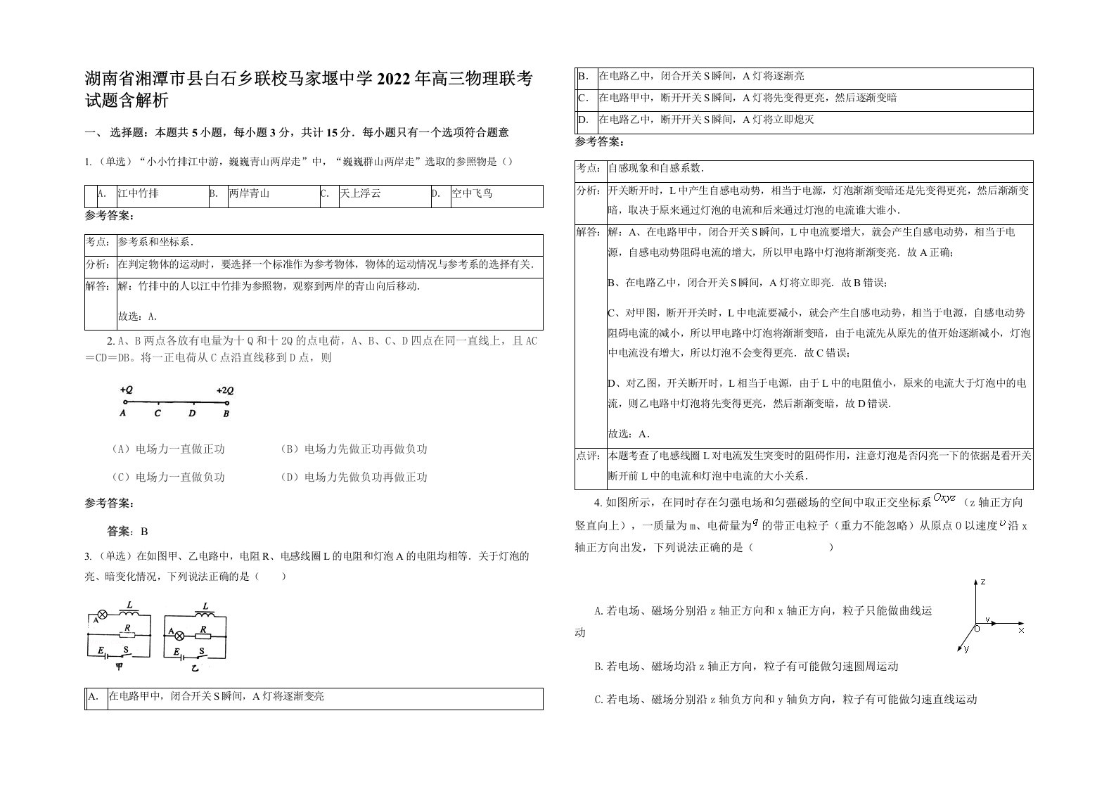 湖南省湘潭市县白石乡联校马家堰中学2022年高三物理联考试题含解析