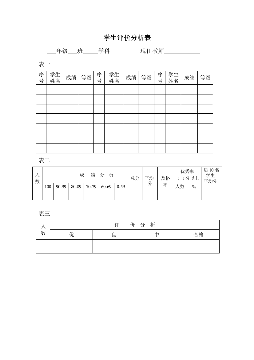 小学生数学成绩分析表