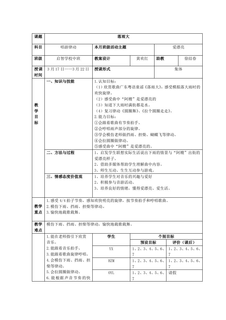 特殊教育唱游律动教案《落雨大》