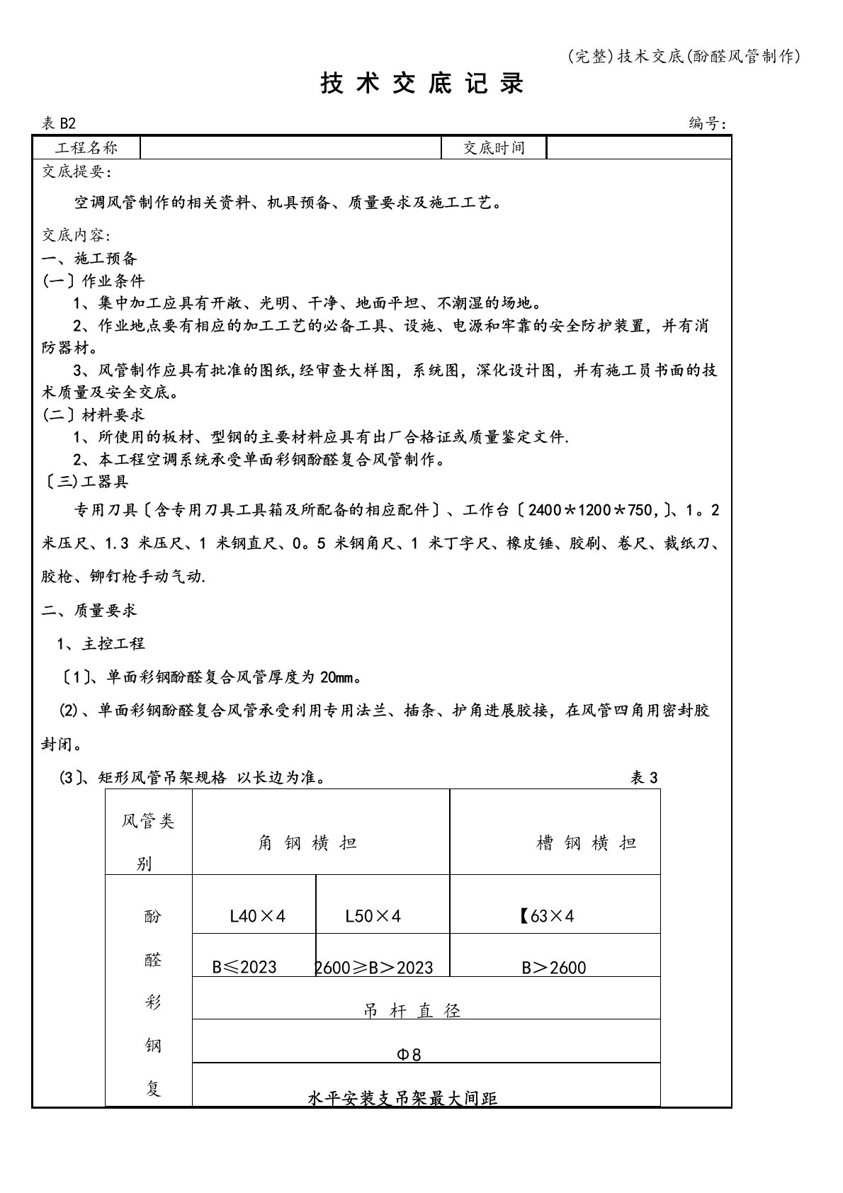 技术交底(酚醛风管制作)