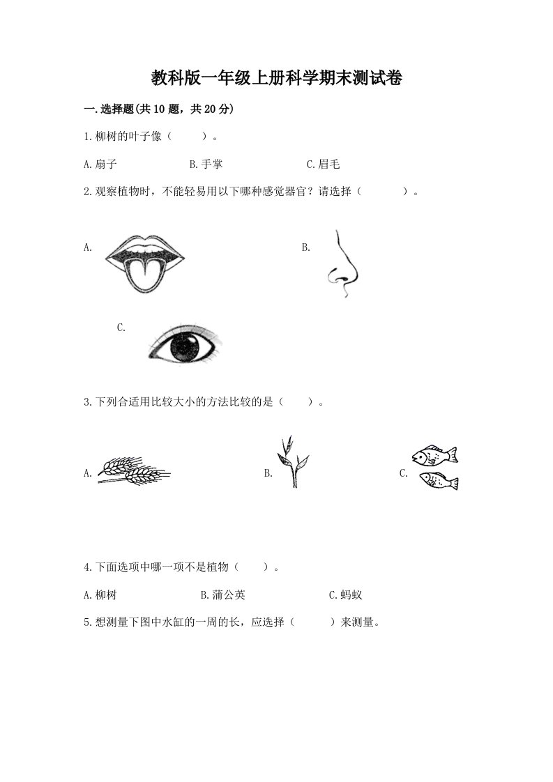 教科版一年级上册科学期末测试卷附完整答案【历年真题】