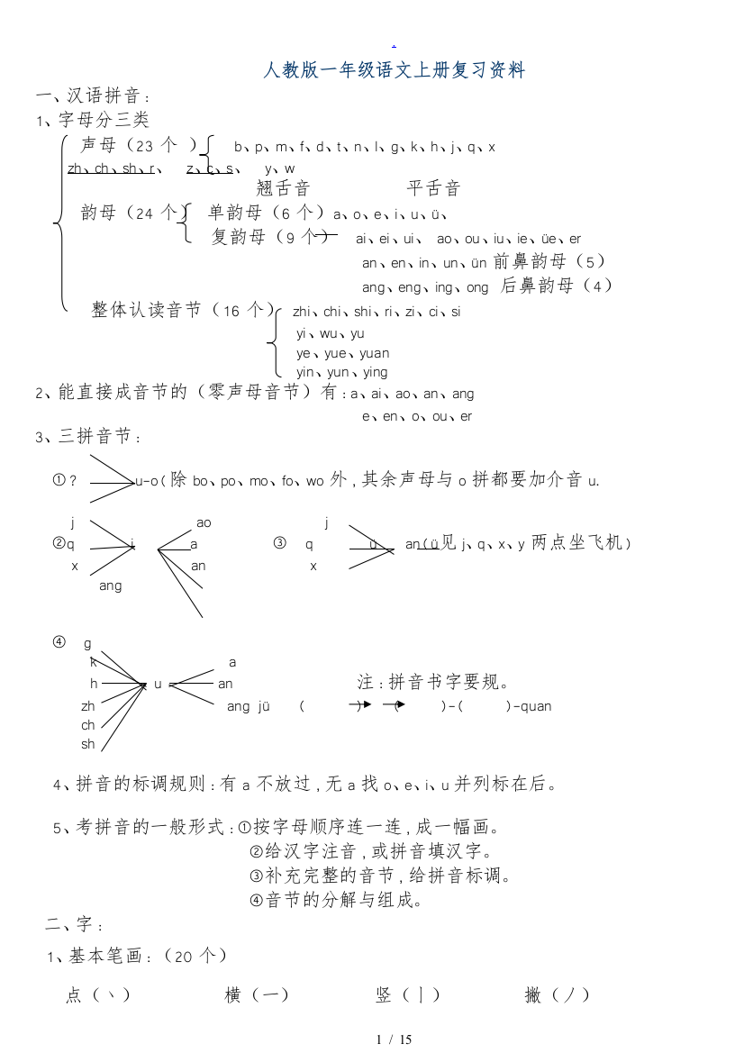 小学一年级语文全上下册复习提纲