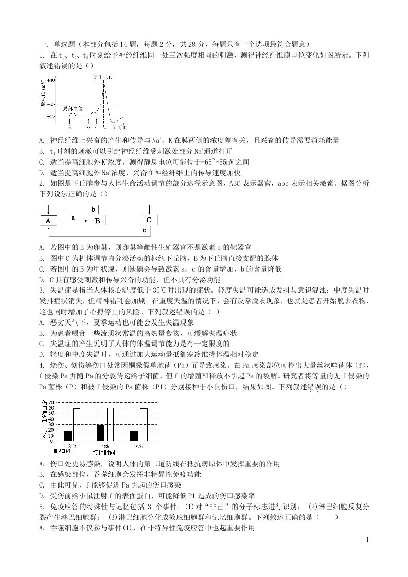 江苏省2023_2024学年高二生物上学期12月学业水平调研试题